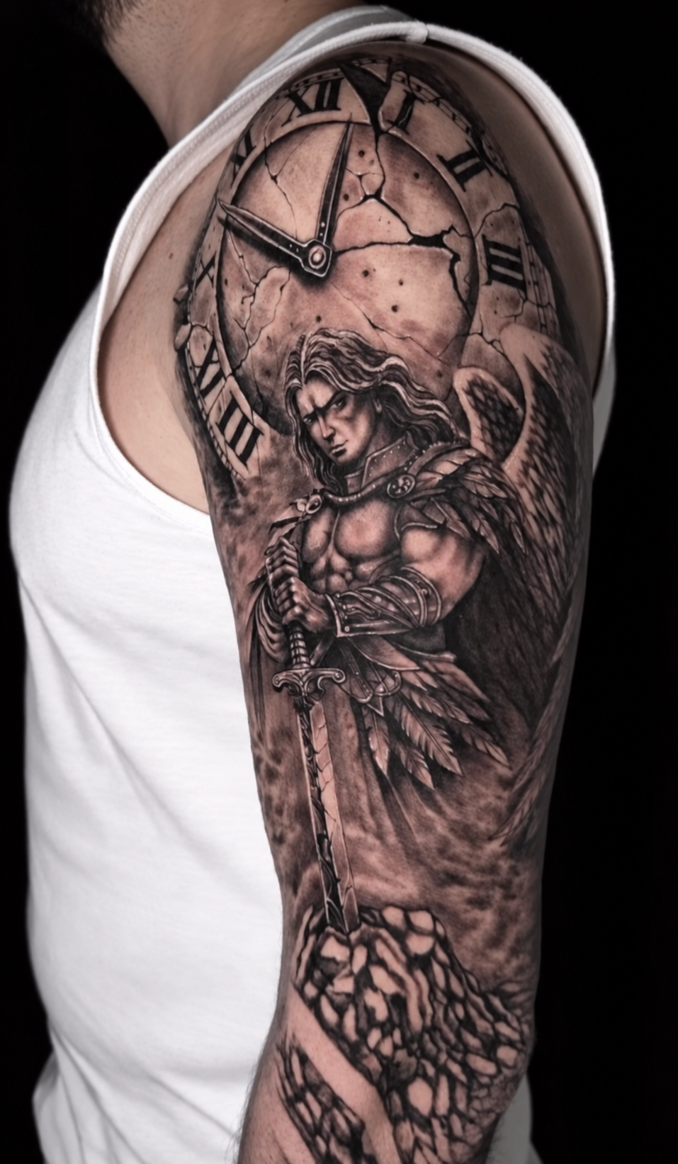 Schwarz-graues Tattoo mit Engel und Uhr